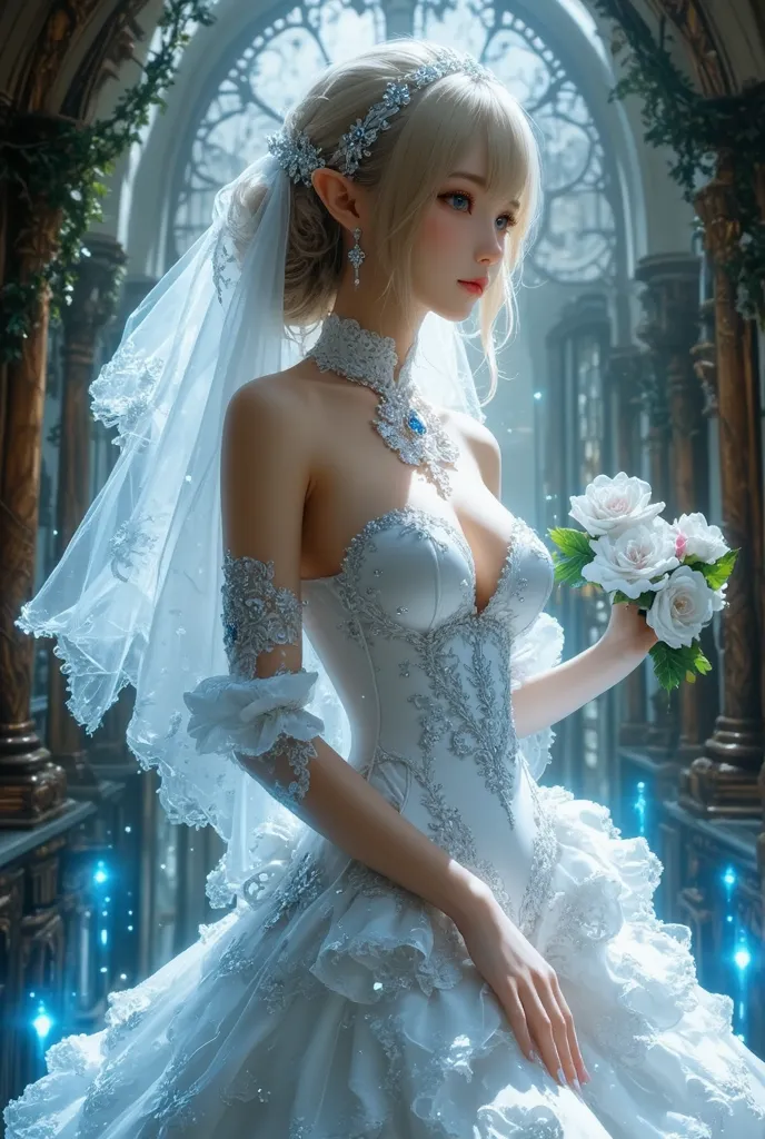  best quality , Super quality, 16k,  Unbelievably Absurd,  very detailed,  lovely photo,  delicate and dynamic,  Kiri Reina female,  seductive smile,  pure white wedding dress ,  great style , bouquet,  steampunk,  DIESEL PUNK ,  clock punk ,  cyberpunk, G...