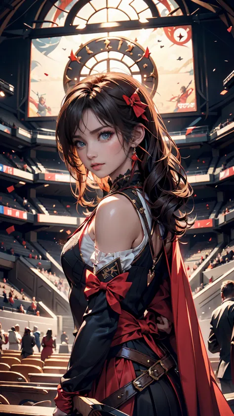  Lily Collins with black curly hair with a red hood , Medieval clothing, Bow and arrow in hand,  as you enter the scene of an arena filled with audience seats and spectators、The illustrations are detailed, Smooth and bright,  HD art by Citemer Liu 