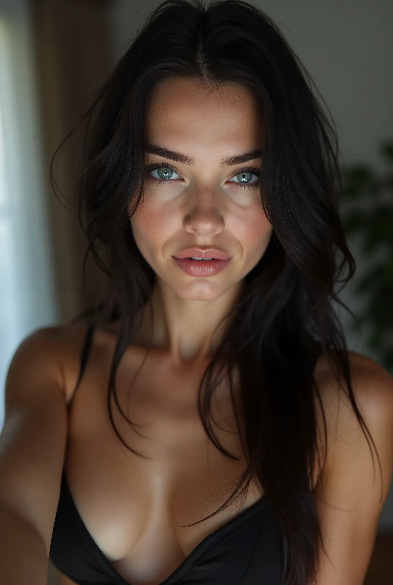 A beautiful photograph of a young white woman of Swedish ethnicity with dark blue eyes,  pronounced cheekbones, natural upturned nose,  slightly thick lips , LONG EYELASHES, soft leather, straight hair at shoulder height color black, taking a selfie face t...