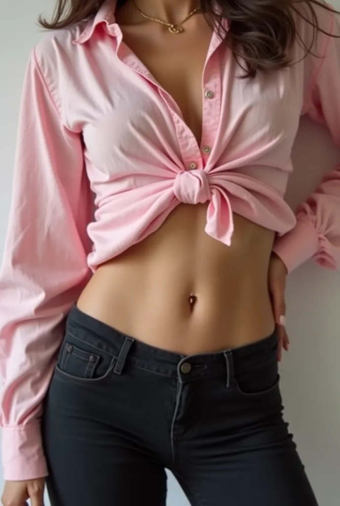 there is a woman in a pink shirt and black panties, fit pic, 2  female model, tinyest midriff ever, half body cropping, her belly button is exposed, taken in the early 2020s, physical : tinyest midriff ever, close up to a skinny, tiny waist, outfit photo