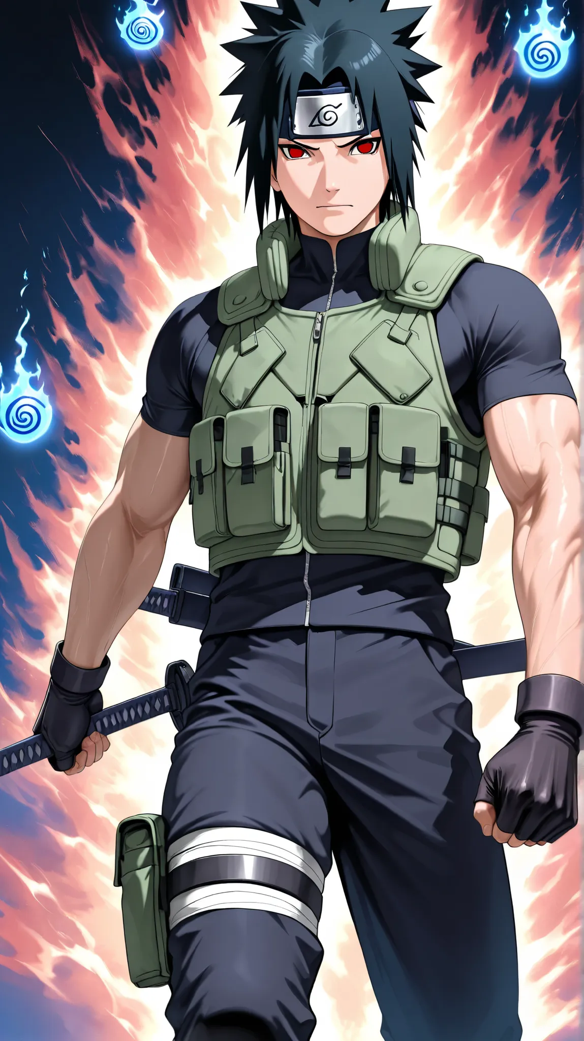  Background image,  Sasuke Uchiha ,  male background, 30s, strong, Muscular, "A detailed depiction of an elite shinobi from Leaf Village, dressed in a green tactical protective vest over a tight black uniform. Her long black hair protrudes upwards, giving ...