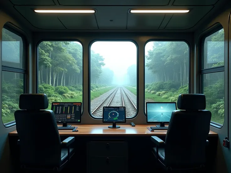 Create a next generation(Smart screen like smart tabs, phones: train control from them) train driver room for Sri Lanka. No one inside in this driver room. 
Show the train driver room and show outside from train window. 
Sri Lanka have lot of rural areas/ ...