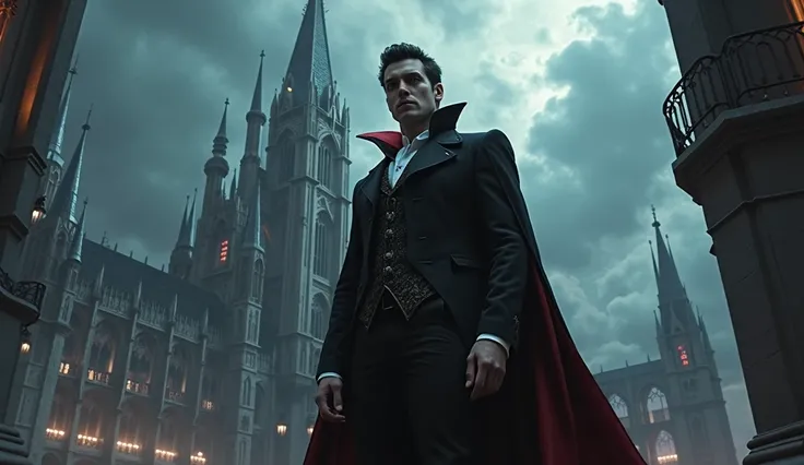 Beautiful and imposing young Dracula in a fantastic giganye gothic and futuristic castle, Night Dark Beauty