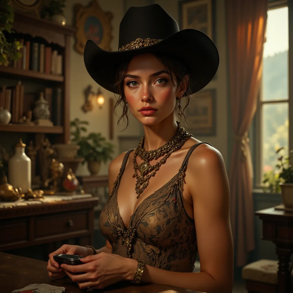 masterpiece,  latest, high contrast due to , very aesthetic,  vibrant, mature woman,  Lisa Hawkeye, camisole, medium chest, upper body, Ultra High Definition, High Resolution, best quality, Home,  semi-realistic, cowboy shooting