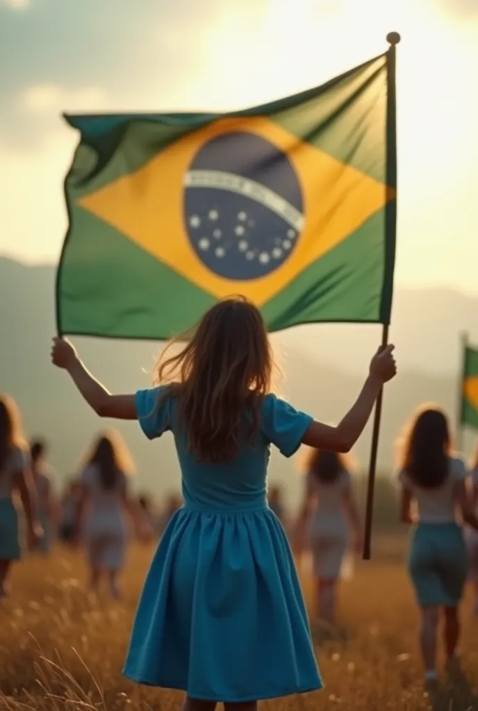 runs away from the mountain High quality, 4k ultra, a girl without a face and hair is standing and holding a huge feminist flag. The girl is wearing a blue midi dress in the Brazilian style of the 00s. On a blurred background, you can see the silhouettes o...