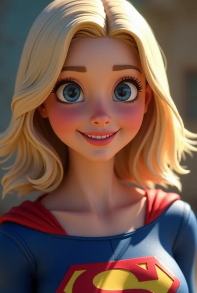 A highly detailed 3D-style scene: A close-up of Supergirl’s face, capturing her radiant beauty and warm, friendly expression. Her shoulder-length blonde hair is perfectly styled, framing her bright, confident eyes and soft smile. She wears her iconic blue ...