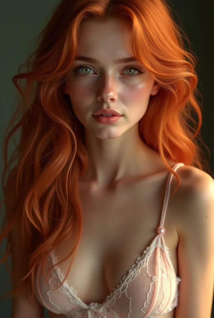 A hyper-realistic, ultra-detailed digital portrait of an astonishingly lifelike young woman with an alluring and captivating presence. She has long, voluminous, wavy red hair, each strand rendered with natural flow and soft highlights, cascading over her s...