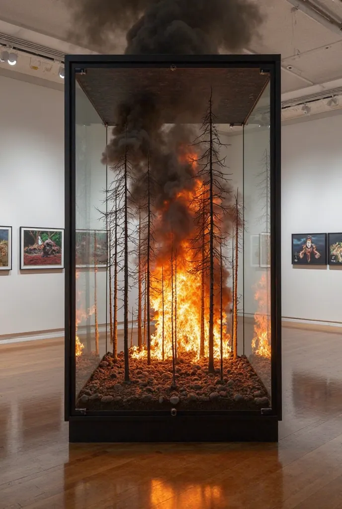 "A striking installation in a modern exhibition space. The work is a giant glass box with a black frame, containing a miniature forest that is burning fiercely. The blazing flames lick the dry tree trunks, while thick black smoke billows up, creating a sen...