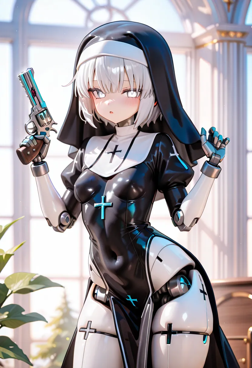   nun's habit clothes。Robot Girl。The location is a church 。 Machine Body 。Mechanical quadriceps。 Cross 。White eyes。Machine Hands and Legs。cyberbody。Coffin-shaped unit。detailed face。Fire a revolver。