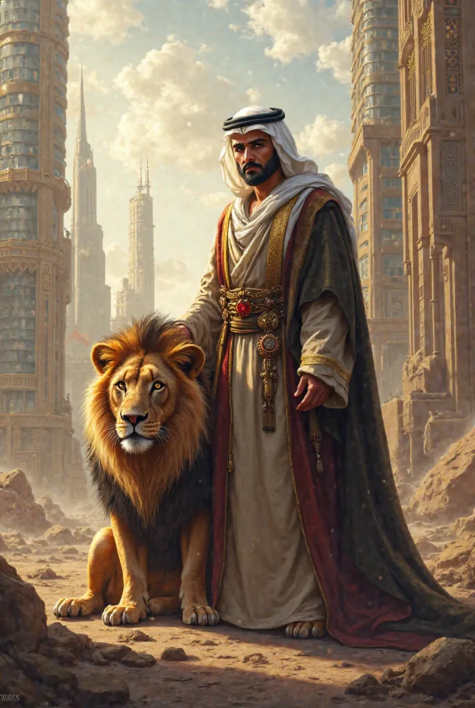 A background of a strong Arab man together with a lion sitting next to him in the middle of a sophisticated city 