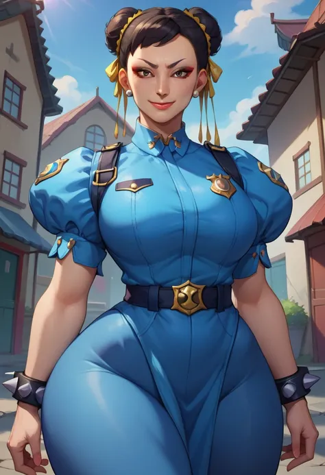 score_9, score_8_up, score_7_up, BREAK, score_9,   chunliSDXL, 1girl, solo, looking at viewer, short hair, black hair, police outfit, blue police pants, brown eyes, jewelry, short sleeves, earrings, puffy sleeves, hair bun, bracelet, puffy short sleeves, s...