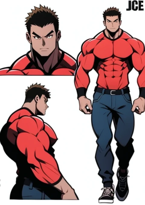 anime style art, anime-style cartoon , front image, full body,  muscular male character , protagonist , short hair, short and blue ,  Muscular character, wearing everyday casual clothes, imagem de  full body, front image,  heroic character,  intimidating p...