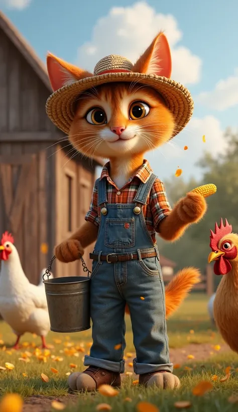 The same farmer cat with a charismatic and handsome face, with shiny fur and expressive eyes, appears on a farm taking care of his animals. He wears his classic straw hat, denim overalls and a plaid shirt. In this scene, he is feeding chickens with a bucke...