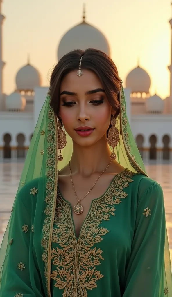 A stunning young woman with a glowing complexion and deep brown eyes, dressed in a beautifully embroidered emerald green and gold traditional outfit. A delicate chiffon scarf with golden patterns is draped elegantly over her head and shoulders. She wears i...