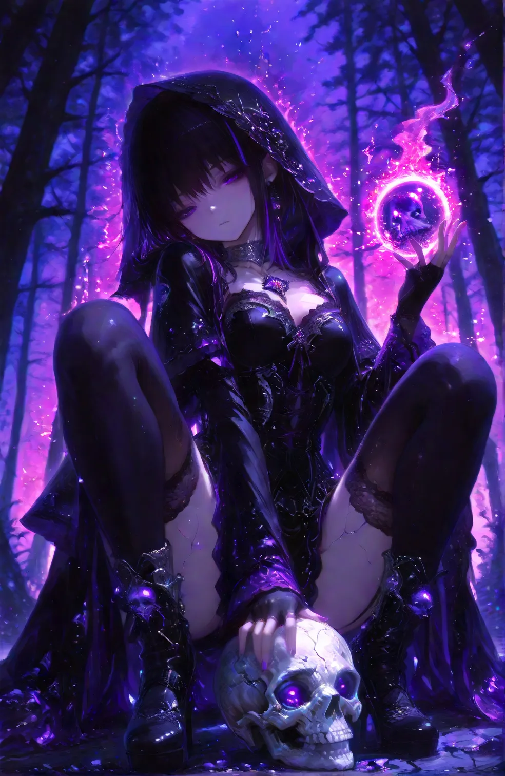 Highly detailed anime-style illustration of a mysterious female character with long, flowing black hair streaked with subtle purple highlights, glowing with a magical purple aura. She is seated in a dynamic, crouching pose on the ground, knees bent and one...