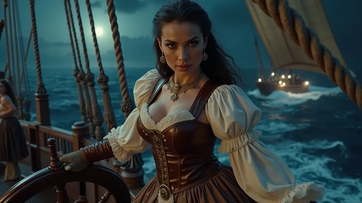 High atop the stern of a massive pirate ship, a commanding female captain holds the helm with one gloved hand, while the other rests on the scabbard of her richly decorated sword. Her hand-embroidered brown leather bodice highlights her full breasts and sl...