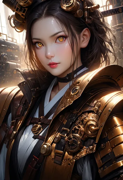 woman、samurai、 Japanese armor、機械仕掛けのwomansamurai,golden metal material,Detailed Gear,Sparkling Eyes, Shiny Surface,mechanical movement, Realistic Design,(best quality,High Resolution),(realistic:1.37),(High Resolution),(Industrial, steampunk),( cool tone )...