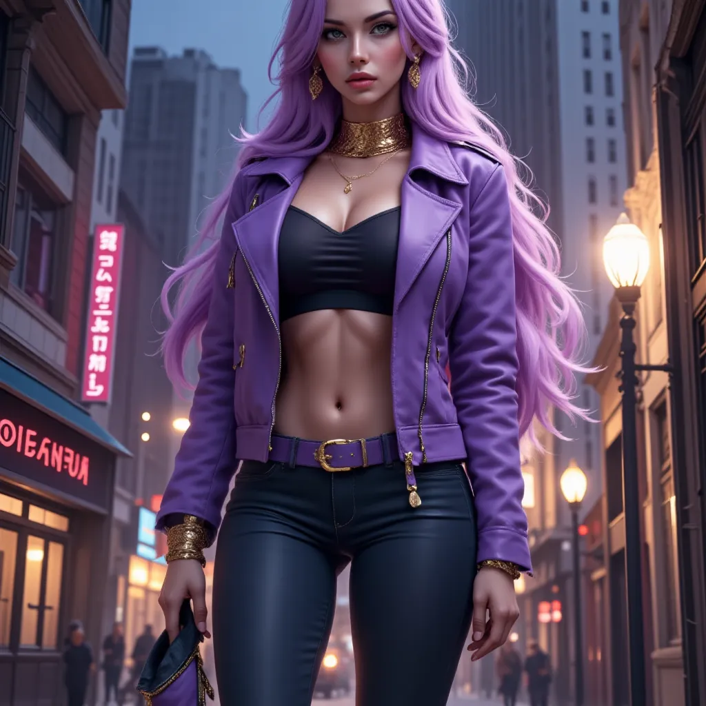 A stunning young woman with long, silky lavender-purple hair cascading down her back, styled elegantly yet effortlessly. Her mesmerizing golden eyes exude confidence, intelligence, and a hint of playful mischief. She has a fit yet feminine physique, embody...