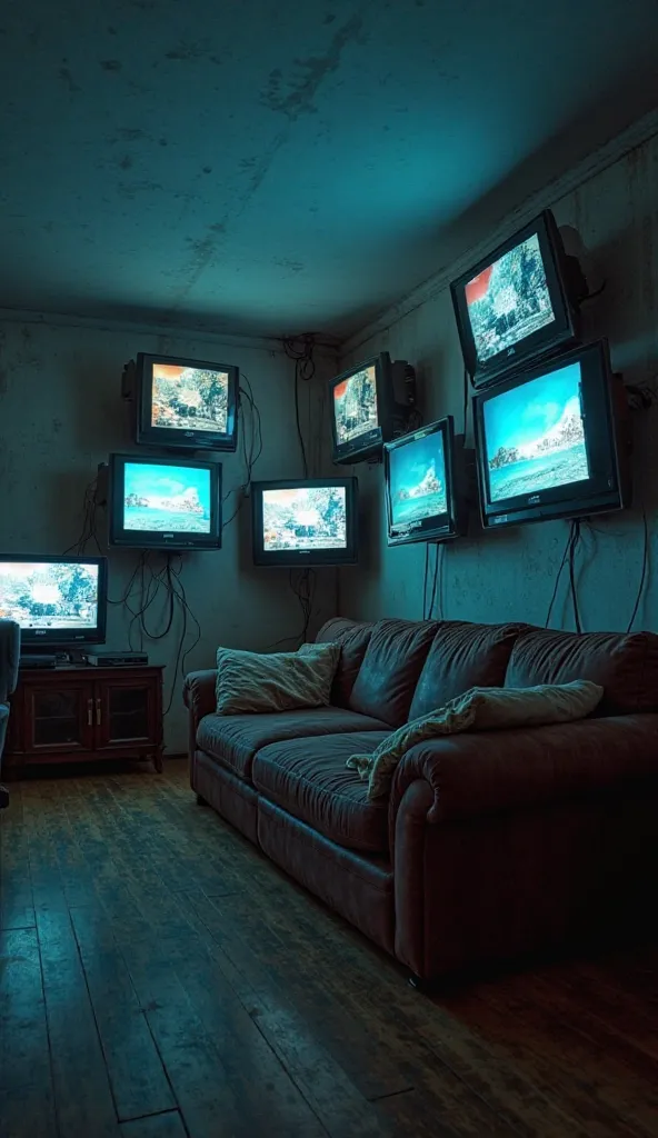 Several televisions nailed to the wall,  clothes in a room with low lighting, The living room should only have televisions, It's not supposed to have even one type of property, The television has to be a little closer to the camera 