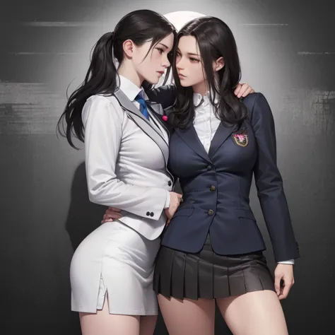 1 , beautiful young woman, long black hair,  ponytails, Blue Blazer Uniform, gravata, tight skirt,  Fox , standing in anatomy club room, looking at the spectator,  sweet expression, drawings of the human body on the blackboard, (porn,4K,8k,highres,masterpi...