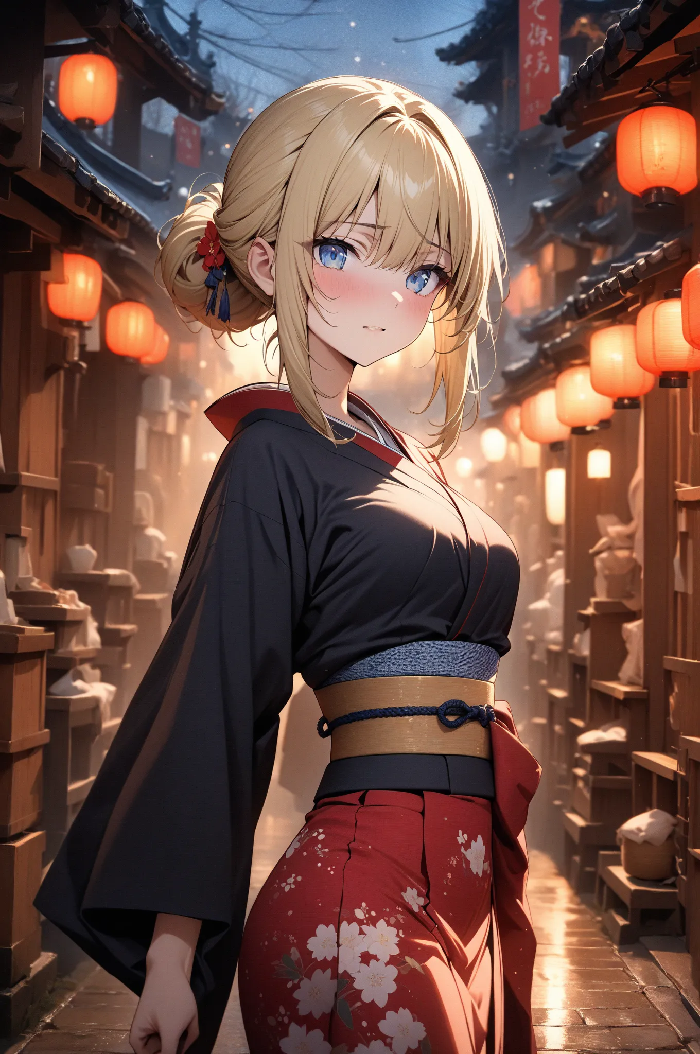 (masterpiece, detailed:1.2), One Girl, (18-years old), blonde one updo, Medium Breasts, sky blue eyes, BREAK, Highest quality, Japanese town, Kimono, at night, lantern