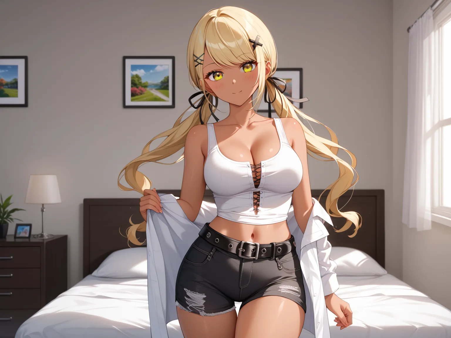 master piece、Best Quality,Super detailed,High resolution,Extremely detailed CG,Unity 8K Wallpaper,weat,score_9, score_8_up, score_7_up, score_6_up, score_5_up, score_4_up, source_anime,QpiCas, (orange eyes), dark skin, blonde hair, long hair, swept bangs, ...