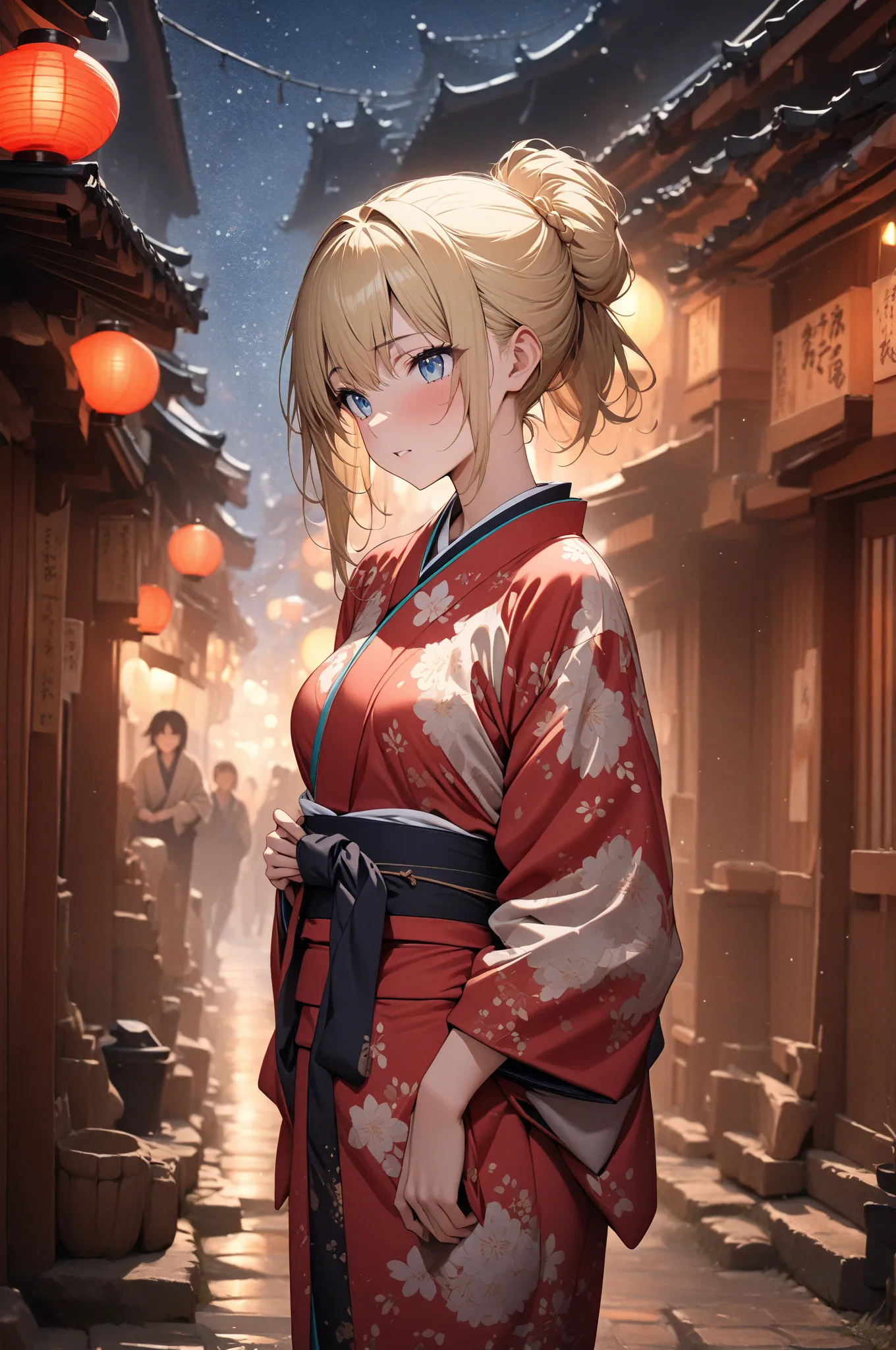 (masterpiece, detailed:1.2), One Girl, (18-years old), blonde one updo, Medium Breasts, sky blue eyes, BREAK, Highest quality, Japanese town, Kimono, at night, lantern