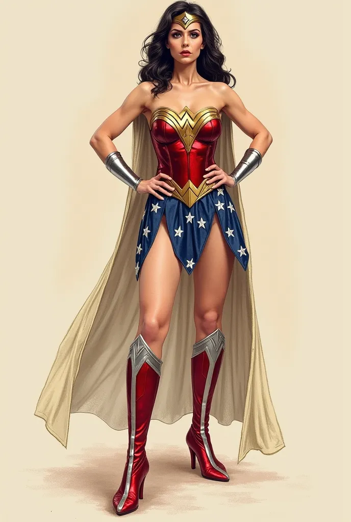 I live in Argentina, I recently became a mother and I do burlesque. I need a detailed sketch of 2 Wonder Woman costumes, the first with her work clothes and the second with her superhero outfit. Please note that a seamstress can do it.