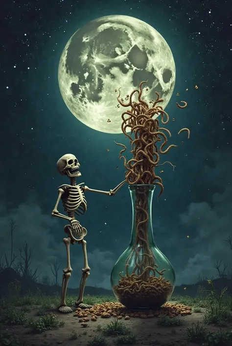 An image with a dark sky with a full and starry moon that on the right side there is a vase full of worms that fall from the vase on top of a skeleton that is next to the vase trying to catch it but it can't 