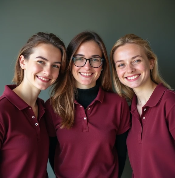 Three ren take a ralistic photo, She has a dark red, wear a burgundy polo shirt. The first name is on the left chest of the polo shirt.

The description of the people:

Katharina  (Middle):  female, brown hair, wears a black sweater under the polo shirt, W...