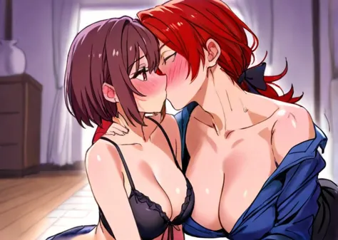 A couple kissing on the floor of a private home. I'm covered in love bites and sucked to death by her. Kisses, blushing, heterosexuality, cleavage, her expression.