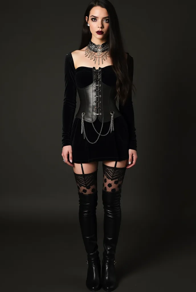 girl dressed in a gothic and sensual outfit that combines dark elements and daring. She wears a black leather corset that accentuates her figure , tight and with metallic details in the center , like thin chains that fall from the sides . Above her lower p...