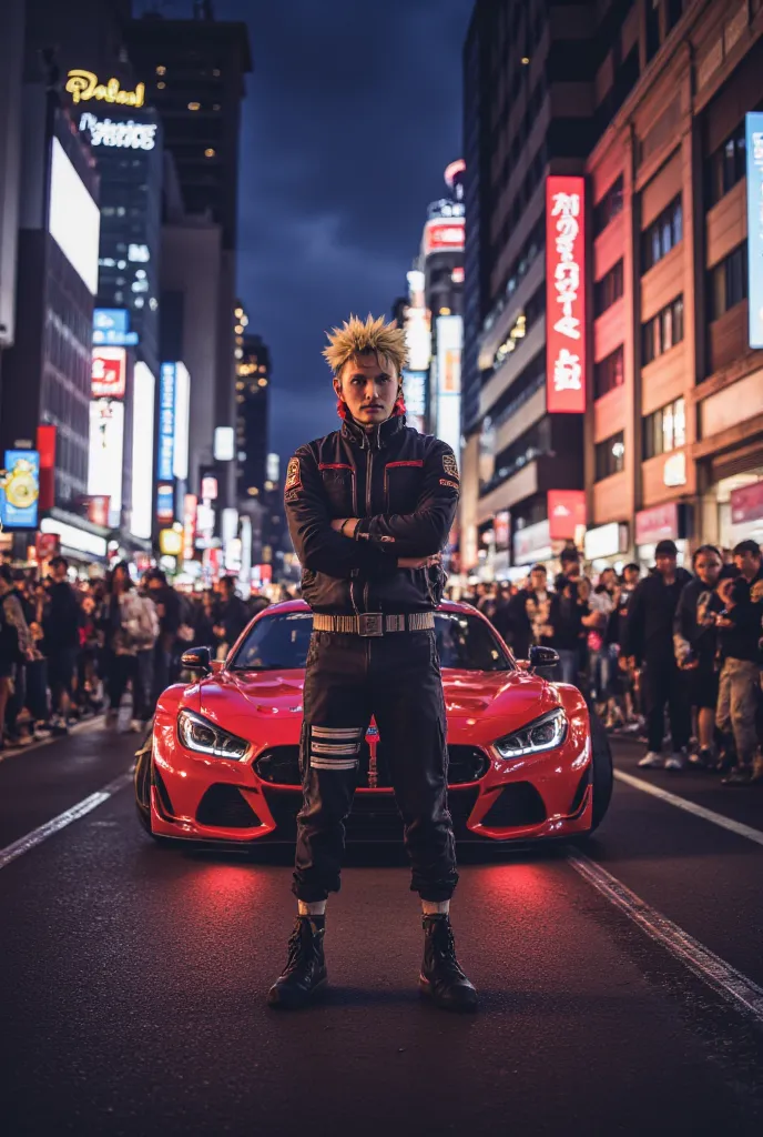 Naruto Uzumaki in its modern version, wearing a pilot suit, next to his stylized racing car, amidst a crowd of excited people waiting for the start of a night street race. The scene takes place under vibrant neon lights, with the brightness of the city in ...