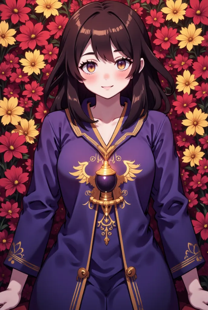 chica, medium length brown hair with side bangs, pink cheeks, long purple robe with white sleeves and an image on the chest showing an orb that has two wings on its sides, Lying on a bed made of red flowers surrounded by yellow flowers, closed eyes, surrou...