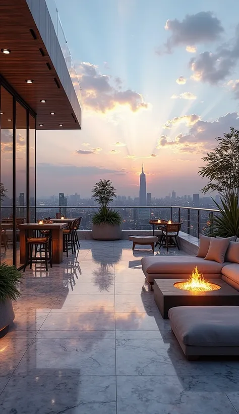 Rooftop terrace with polished marble floors, Modern seating arrangements, and breathtaking city views、glass railing . Ambient lighting and fire pit add warmth to the space.