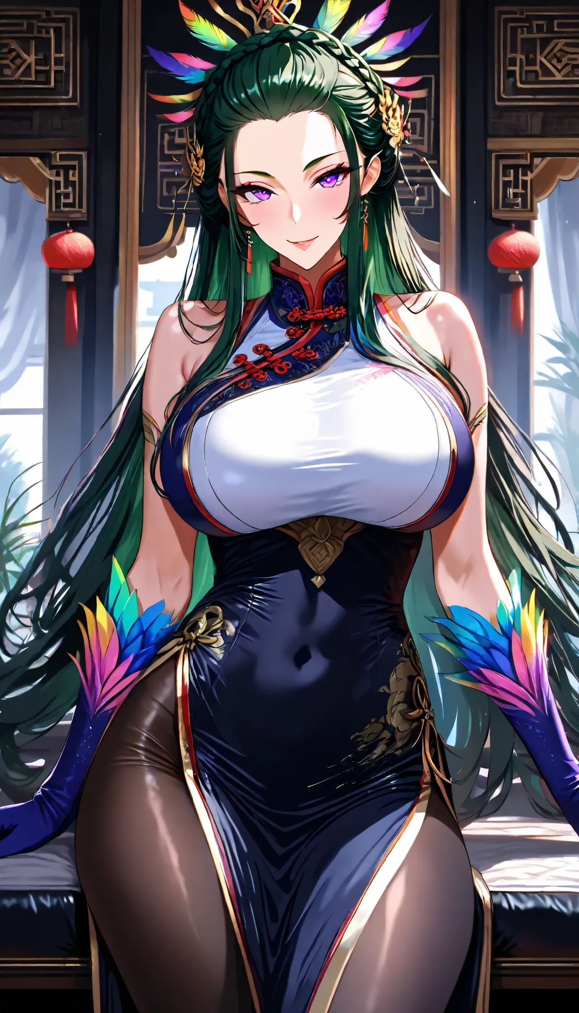 A hen Female,Perfect body,Oppai, (Dark green hair,long hair, hair pulled back,crown braid, sidelocks),(Purple eyes), (Wearing A White sleeveless Cheongsam),(Colorful feather gloves),black pantyhose,Sitting on a Luxurious Lounge Chair, seductive smile,In a ...