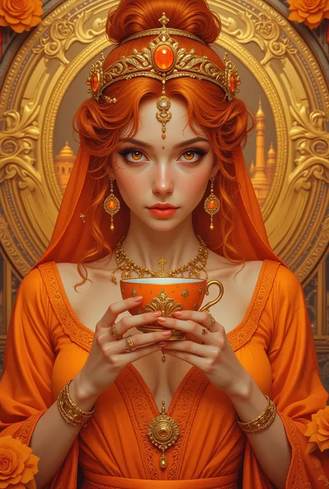 Ancient Greek fantasy art style. Close-up. A beautiful Arabian princess with orange curly hair in a royalty bridal bun hairstyle, wearing an orange crown with a gorgeous orange gem and gold jewelry, has orange bright eyes and is dressed in a magnificent or...