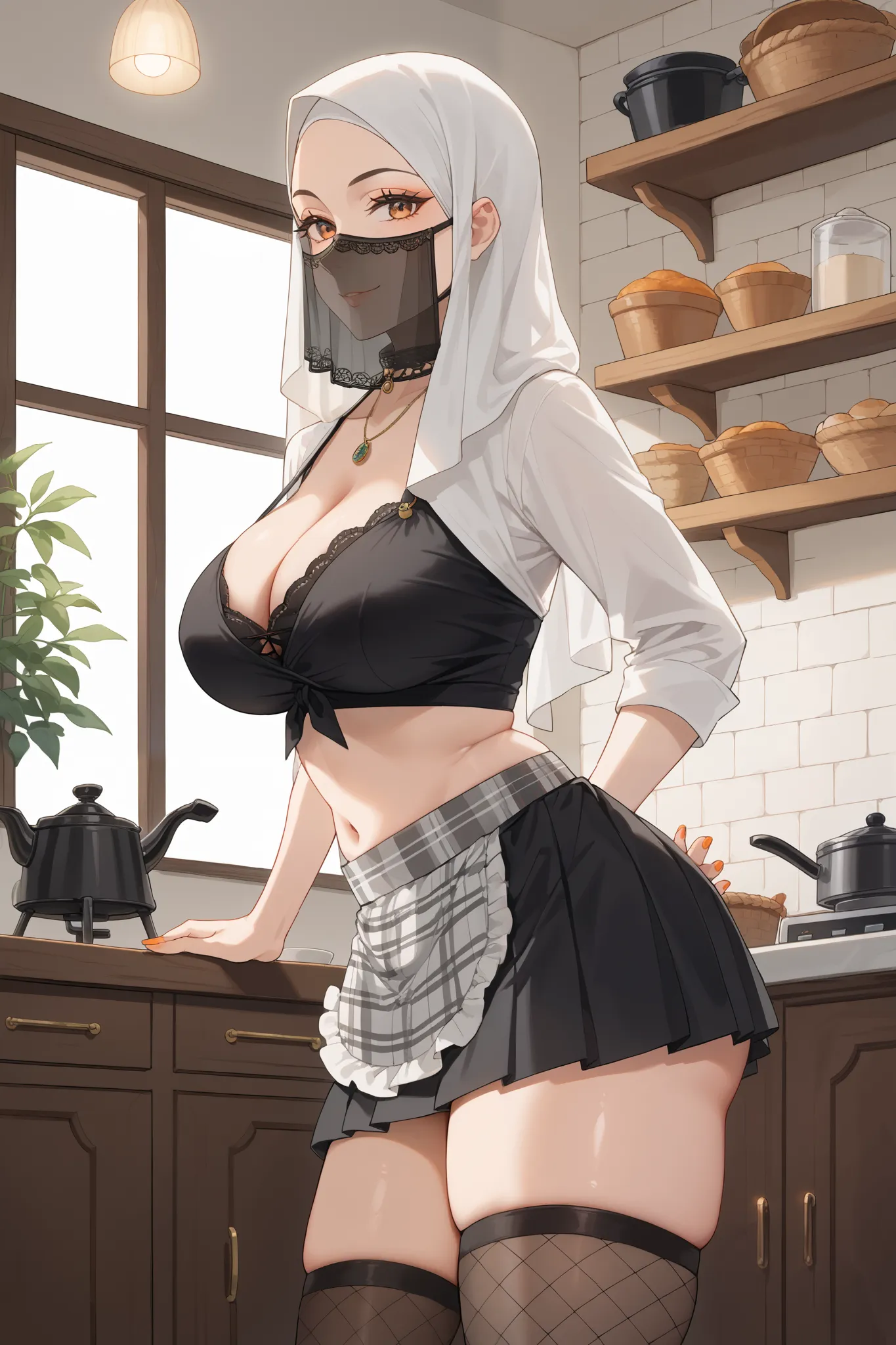 score_9, score_8_up, score_7_up, source_anime,  
1girl, Arabic, milf, big natural breasts, big rounded ass, thick juicy thighs, white silk hijab, face veil, red and white plaid apron (tied over a black satin crop top with open cleavage), black mini skirt, ...