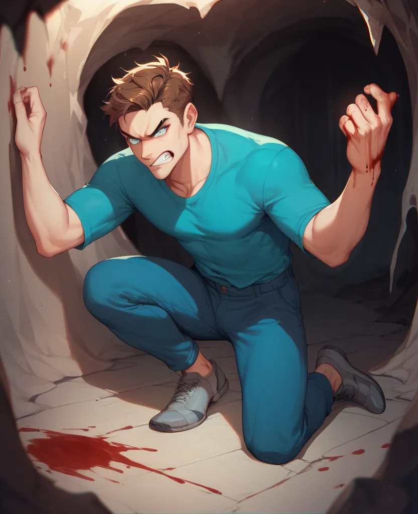 man, brown hair, angry face, glowing white eyes, cyan shirt, blue pants, gray shoes, inside a dark cave, blood on his hands