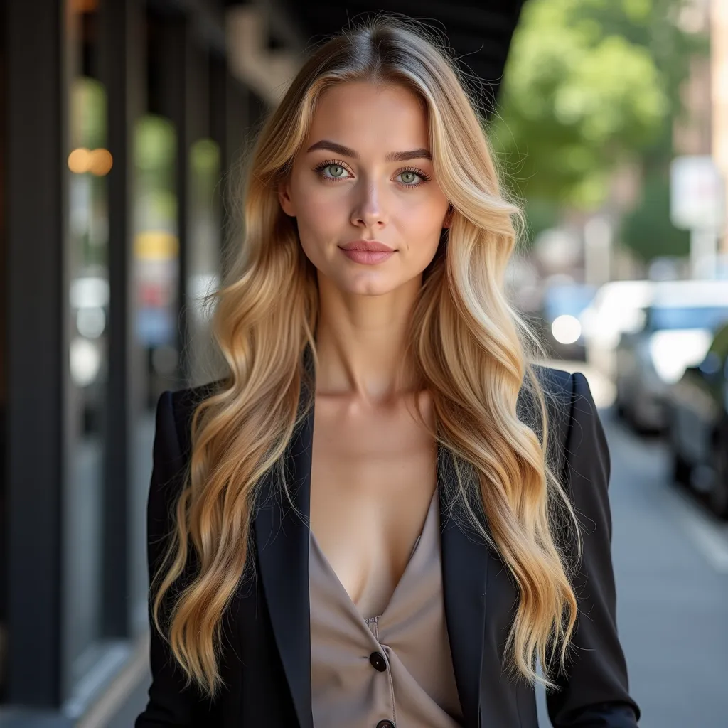 A highly realistic, full-body portrait photograph of a young woman, approximately 22 years old, with long, naturally wavy blonde hair and striking green eyes. She has fair, smooth skin with a natural glow, subtle makeup, and a confident yet approachable ex...