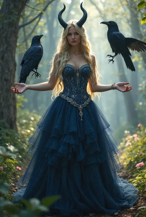 Prompt 1 (Dark Fantasy Princess with Horns & Ravens)

"A stunning fantasy-inspired female character standing in an enchanted forest. She has long, flowing blonde hair and wears a dark blue corset dress with intricate silver embellishments and a layered, tu...