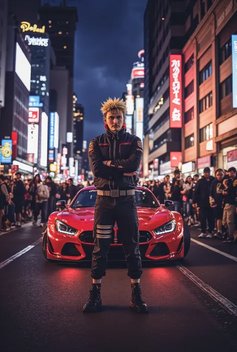 Naruto Uzumaki in its modern version, wearing a pilot suit, next to his stylized racing car, amidst a crowd of excited people waiting for the start of a night street race. The scene takes place under vibrant neon lights, with the brightness of the city in ...