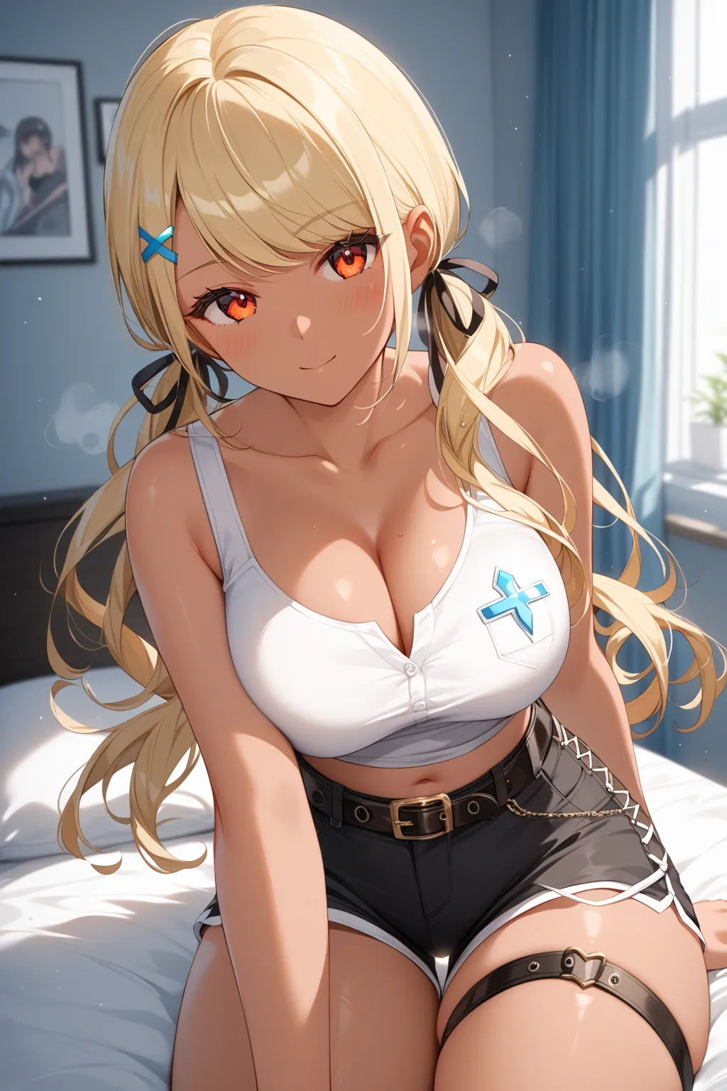 master piece、Best Quality,Super detailed,High resolution,Extremely detailed CG,Unity 8K Wallpaper,weat,score_9, score_8_up, score_7_up, score_6_up, score_5_up, score_4_up, source_anime,QpiCas, (orange eyes), dark skin, blonde hair, long hair, swept bangs, ...