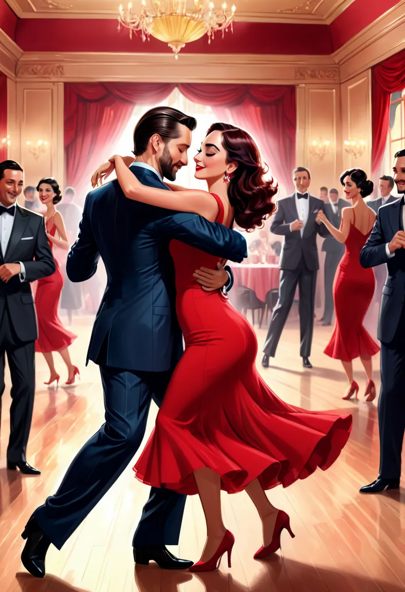 Digital drawing of a woman in a red dress and a man in a suit, they are embraced as if they were dancing a tango, in a beautiful party room, cartoon in 4k