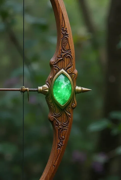 A wooden bow with a small green crystal in the center and an arrow 