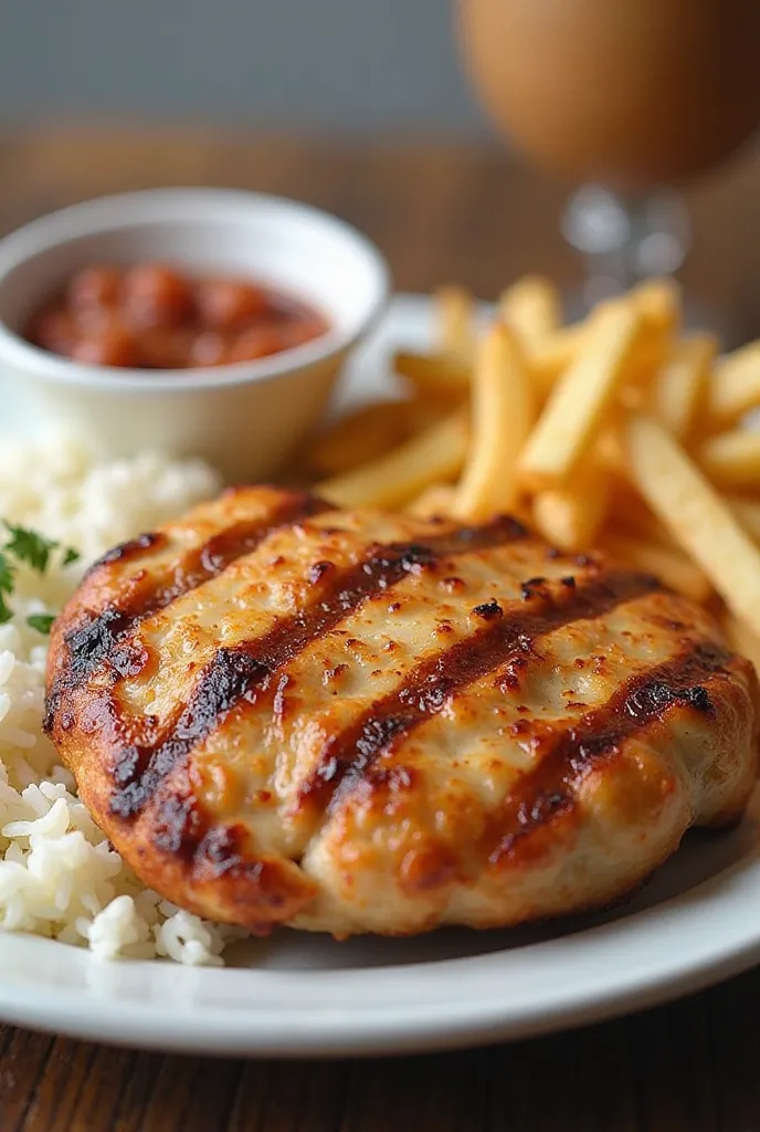 A plate of grilled chicken fillet with rice, beans and french fries 