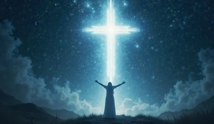  A night sky full of bright stars , with a luminous cross in the center and rays of light that descend, symbolizing the presence of God, and a figure with hands raised in adoration."