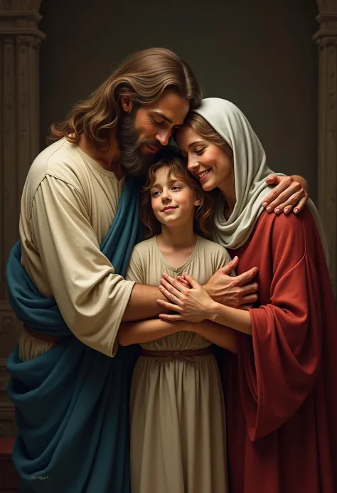 Adult Jesus embraced with Joseph and Mary 