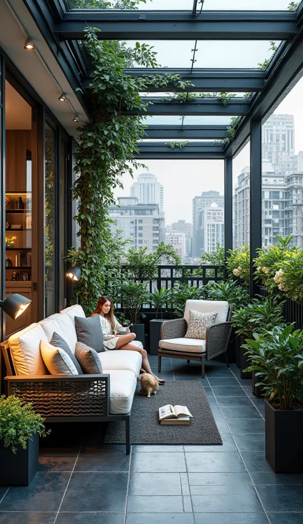 The floor is dark blue Persian ceramic tile。100 square meter apartment（Level 3、apartment in the city）balcony、Movable glass ceiling covers the entire balcony roof。You can see a beautiful woman sitting on the sofa and reading a book、swing chair、Modern green ...