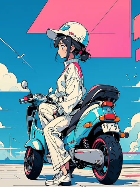 from side,  full body, graphic design , drawn with lines, EIZIN SUZUKI art style,  city pop style,  strangely blue sky and white clouds ,   Clear Line  , Thick flowing lines  , Girl on a scooter,  Minimalist Geometric ,  there are no humans, fine line draw...